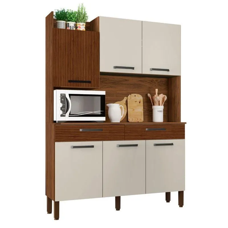 Armário De Cozinha Levi 6 Portas 2 Gavetas 132cm Ripado Off White Kit's Paraná