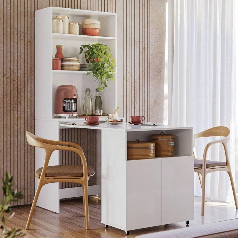 Mesa Para Cantinho De Café Com Estante Serra Clara 2 Portas 2 Prateleiras Mdp 69,4cm Branco