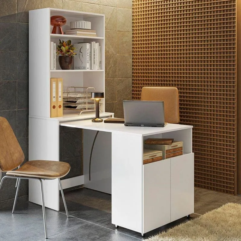 Mesa Para Escritório Com Estante Domus Bella 2 Portas Mdp Branco Kits Paraná
