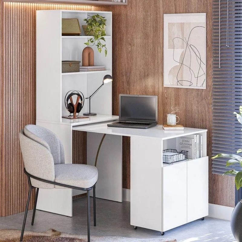 Mesa Para Quarto Com Estante Prisma 2 Portas Branco Kits Paraná