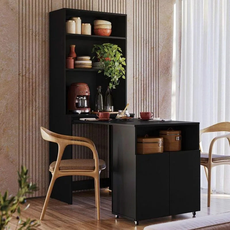 Mesa Para Cantinho De Café Eron 2 Portas Com Estante MDP 69,4cm Preto Kit's Paraná