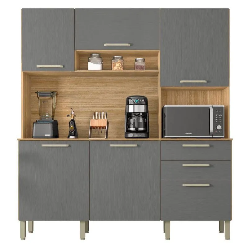 Armário De Cozinha Névoa 5 Portas 2 Gavetas Mdp 180,2cm Freijó Gris