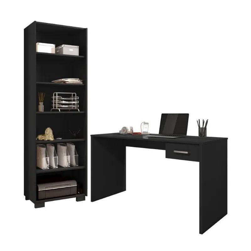 Conjunto Escrivaninha e Livreiro Vila Serena 1 Gaveta 127CM Preto Leão Móveis