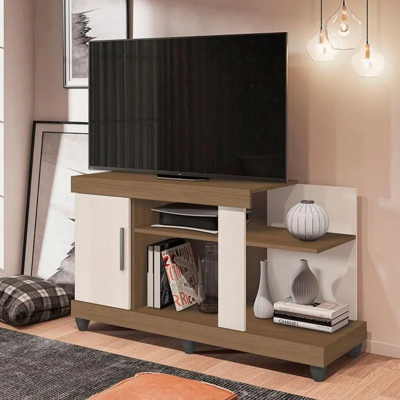 Rack Jasmim Para TV 42 120cm MDP Com Porta Nichos Carvalho Off White Leão Móveis