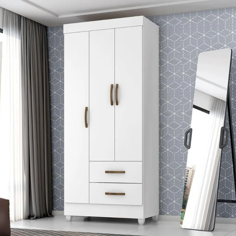 Guarda Roupa Solteiro Gael 3 Portas 2 Gavetas MDP Branco Leão Móveis