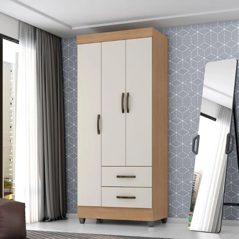 Guarda Roupa Solteiro Nilo 3 Portas 2 Gavetas MDP Nature Off White Leão Móveis