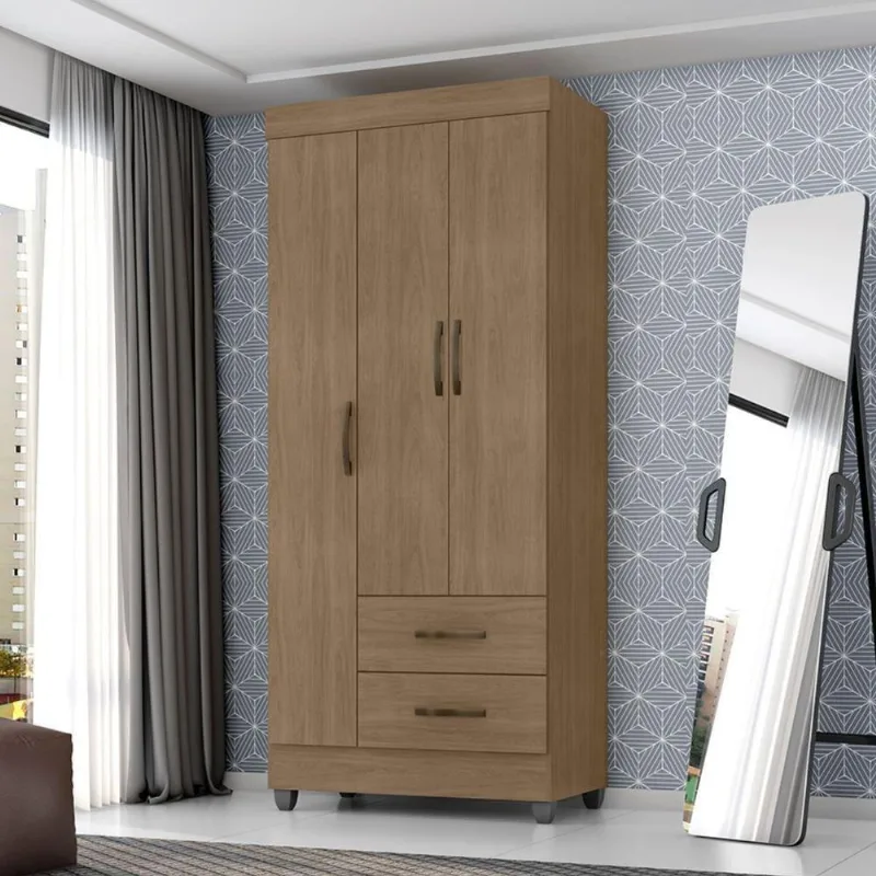 Guarda Roupa Solteiro Selene 3 Portas 2 Gavetas MDP Carvalho Oak Leão Móveis