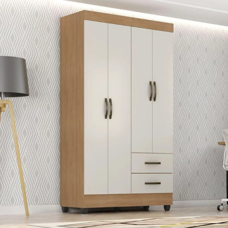 Guarda Roupa Solteiro Terra Nobre 4 Portas 2 Gavetas MDP Nature-Off White Leão Móveis