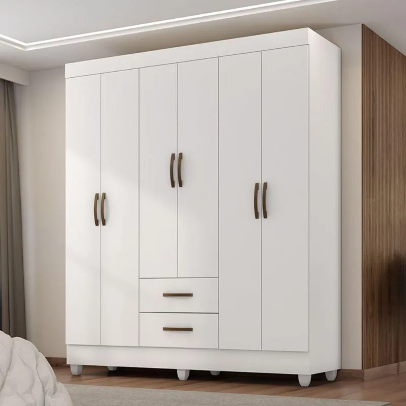 Guarda Roupa Casal Falora 6 Portas de Bater 2 Gavetas MDP Branco Brilho Leão Móveis