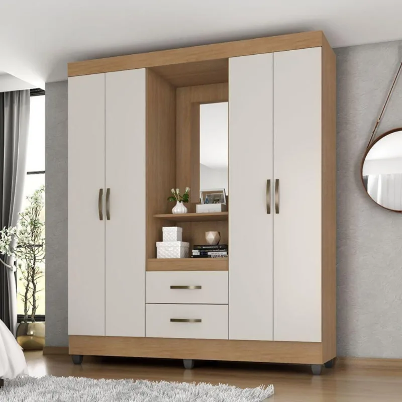 Guarda Roupa Solteiro Benício 4 Portas de Bater 2 Gavetas MDP Nature Off White Leão Móveis