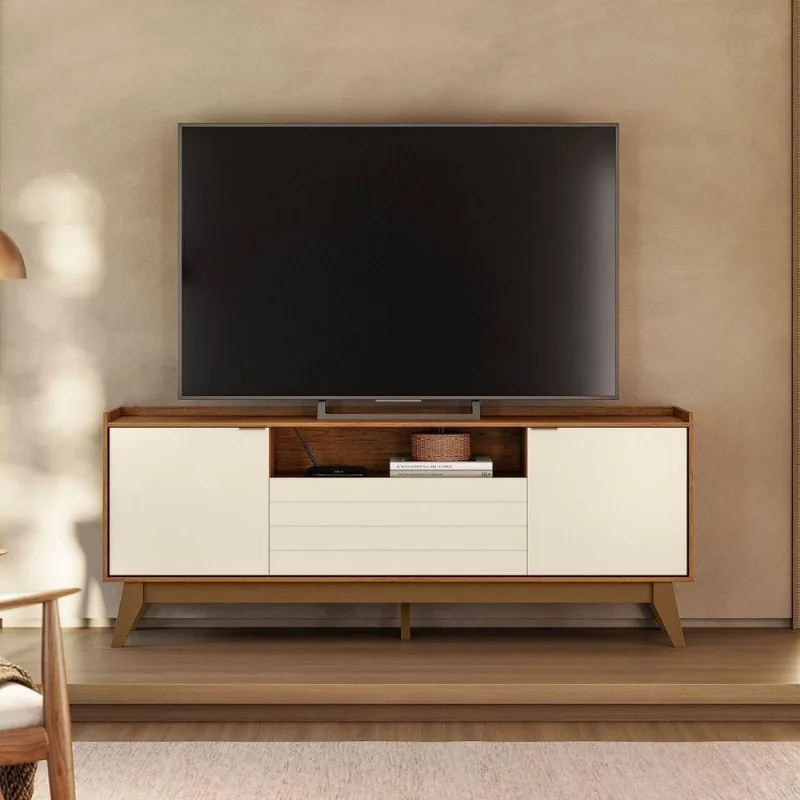 Rack para TV Bancada Kansas 1.6 Freijó Off White MDP MDF Retrô Ripado com Nichos 2 Portas Möbler