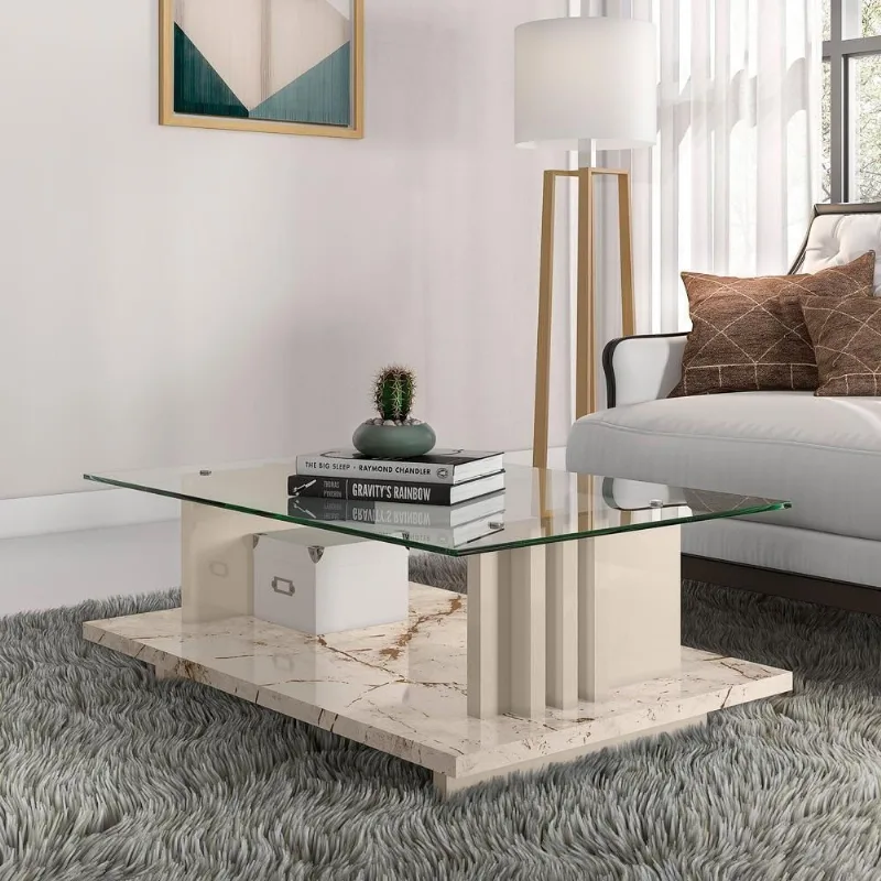 Mesa de Centro Atenas Calacata Retangular Vidro MDP MDF-MDP Off White Madetec Móveis