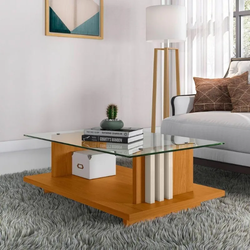 Mesa de Centro Helena Retangular Vidro MDP Cinamomo Off White Casah