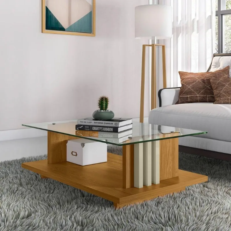 Mesa de Centro Gran Siena Cumaru Opala Retangular Vidro MDF MDP 90CM Cumaru e Opala