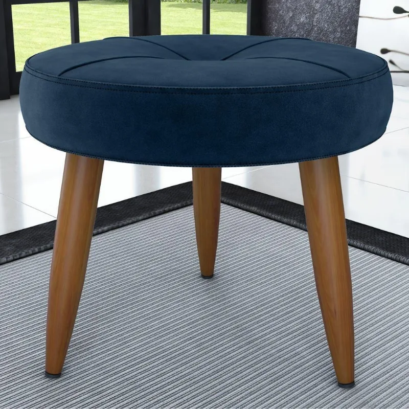 Puff Rima para Sala Assento Espuma Madeira Maciça Veludo Azul Matrix 43CM 90kg