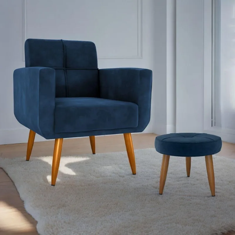Poltrona e Puff Porto Nobre para Sala Veludo Conforto Azul Matrix