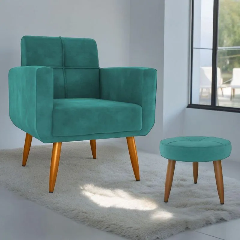 Jogo Poltrona E Puff Solar Conjunto De Sala Veludo Conforto Verde Menta Fixo Com Pes Palito
