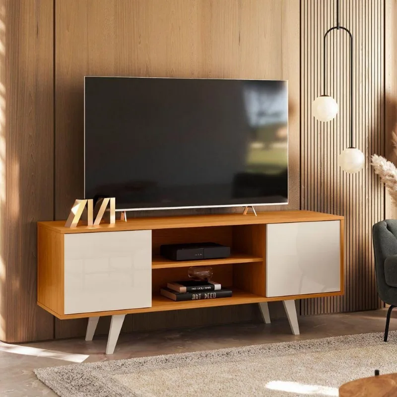 Rack para TV Zion 55 Polegadas MDP com Nichos 2 Portas Cinamomo Off White Casah
