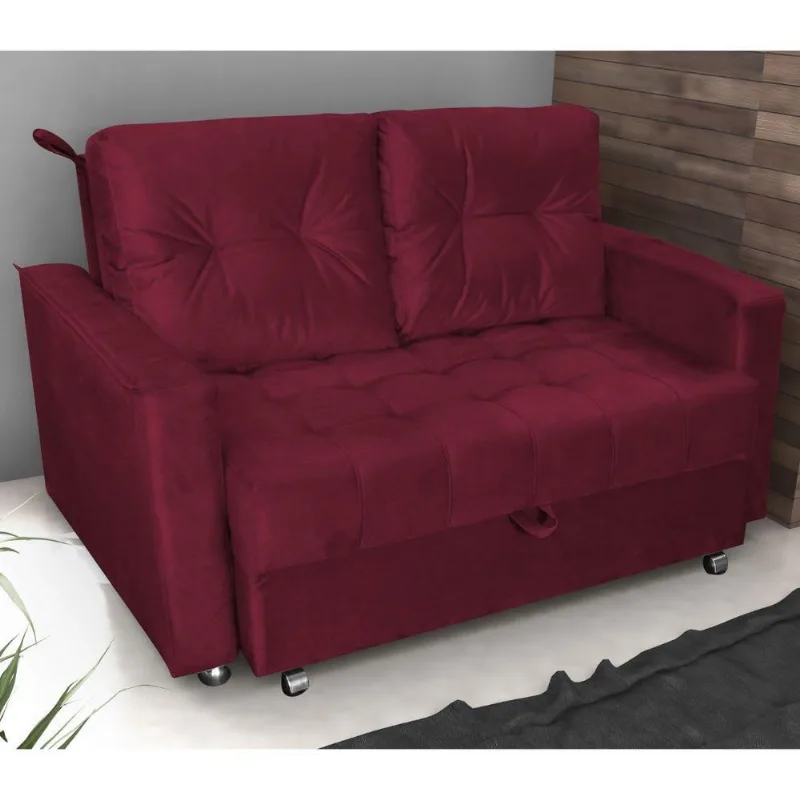 Sofá Cama Solar 2 Lugares Retrátil e Reclinável Vermelho Veludo Matrix