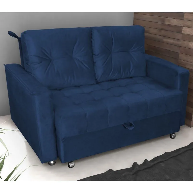 Sofá Cama Nina 2 Lugares Retrátil Reclinável Azul Veludo Matrix
