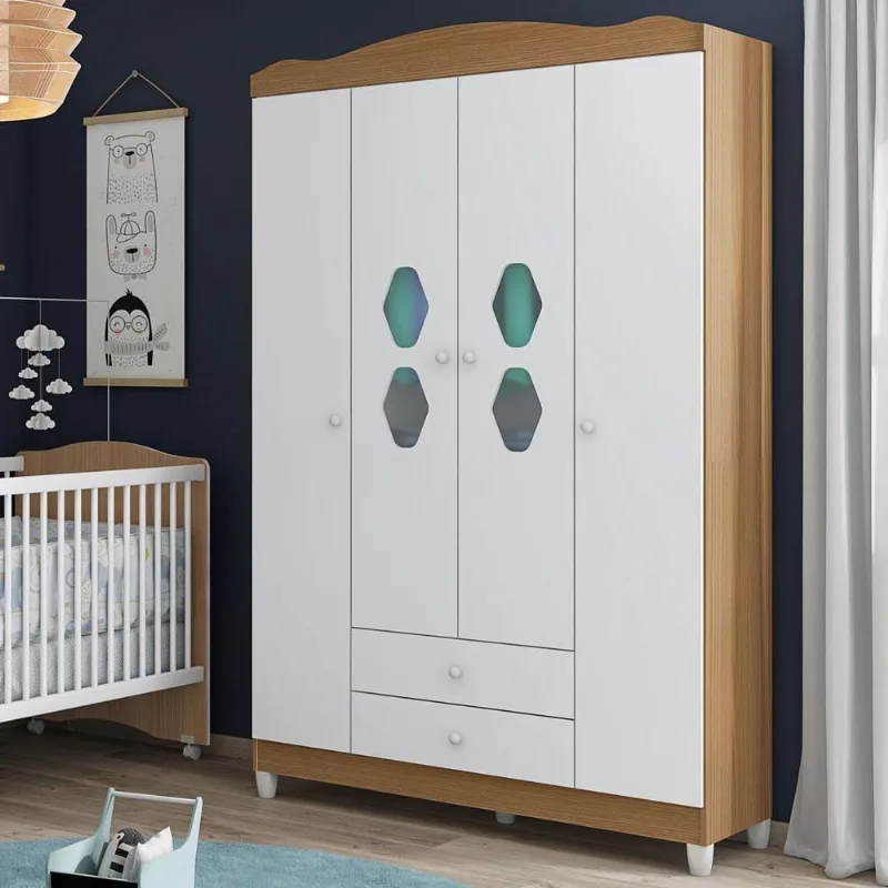 Guarda Roupa Infantil Mabel 4 Portas Giratória 2 Gavetas Branco Almendra Móveis Estrela