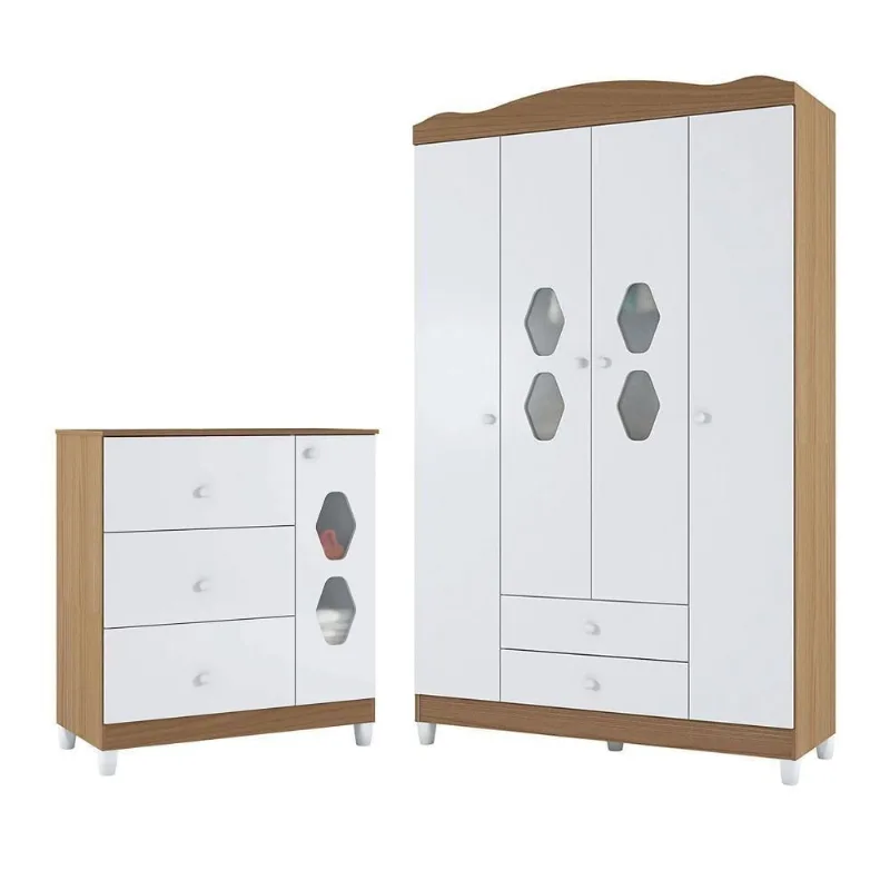 Conjunto de Guarda Roupa e Cômoda Infantil Natura 4 Portas 3 Gavetas MDP-MDF Branco Almendra Casah