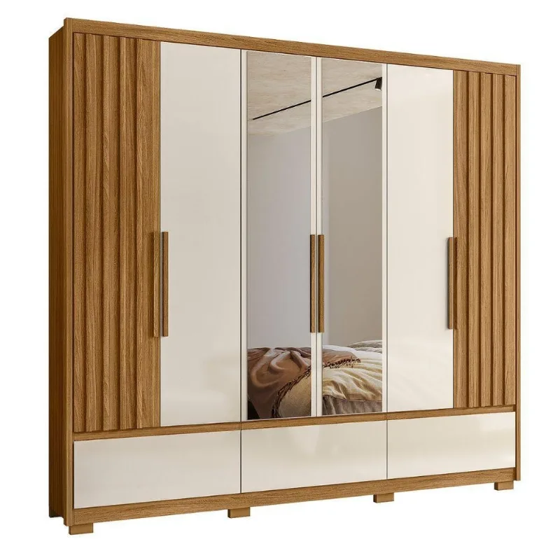 Guarda Roupa Casal Natura 6 Portas de Bater 5 Gavetas MDP Freijó-Off White Moval Móveis