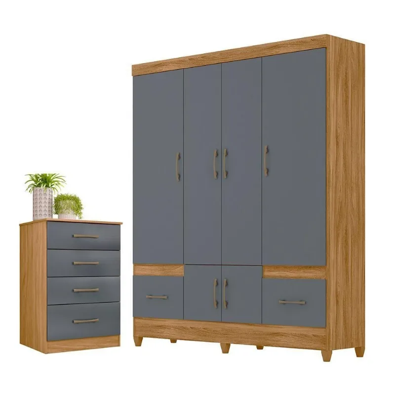 Conjunto Guarda Roupa Casal e Cômoda Gaia 6 Portas 4 Gavetas MDP Freijó Cinza Moval Móveis