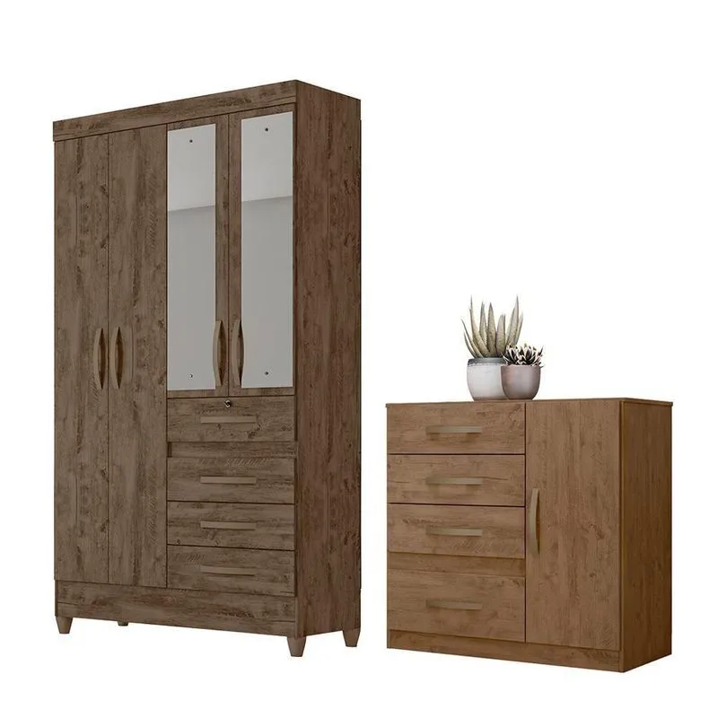 Conjunto Guarda Roupa E Cômoda Estela Com Espelho 5 Portas 4 Gavetas Mdp 110cm Marrom