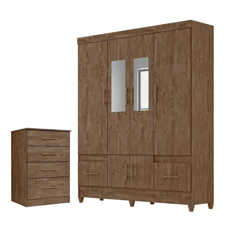 Conjunto Guarda Roupa Casal com Espelho e Cômoda Gokyo 6 Portas 4 Gavetas MDP Castanho Wood Moval