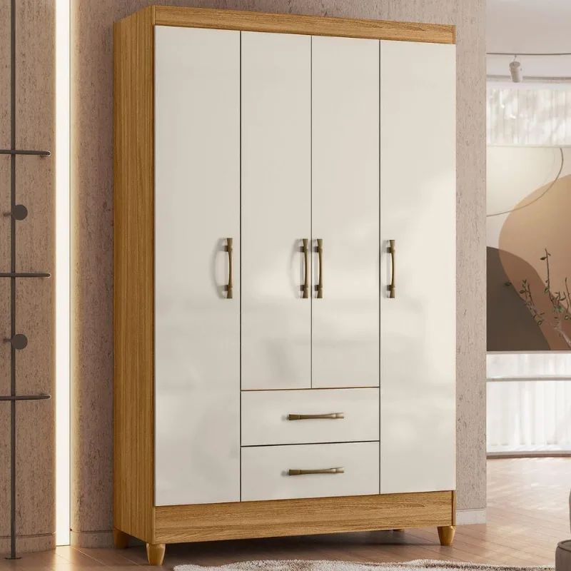 Conjunto Guarda Roupa e Cômoda Casal Tália 3 Portas 4 Gavetas MDP Freijó Off White e Castanho Wood