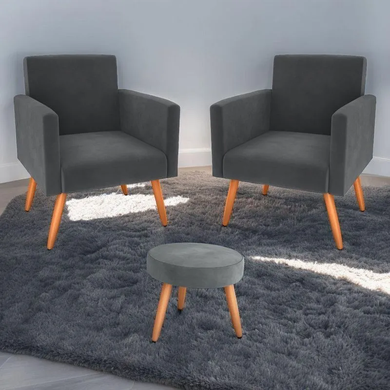 Poltronas E Puff Porto Da Serra Conjunto De Sala Veludo Espuma D20 Conforto Cinza Apoio Para Os Pes