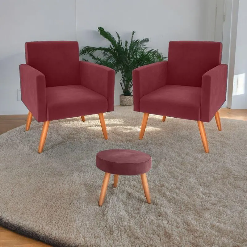 Poltronas E Puff Conjunto De Sala Veludo Vinho Conforto Espuma D20 Para Sala De Estar