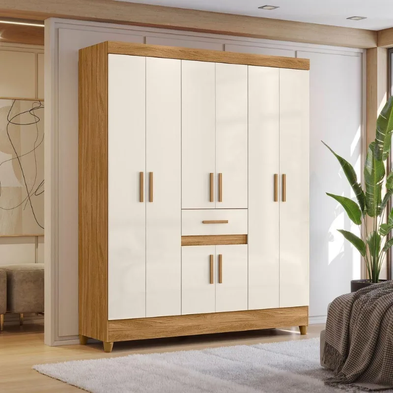 Guarda Roupa Casal Aster 8 Portas de Bater 1 Gaveta MDP com Espelho Freijó Off White Moval Móveis