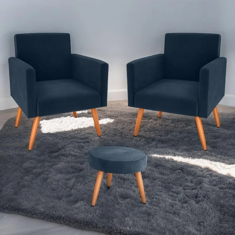 Jogo de Poltronas e Puff Elide Veludo Espuma D20 Azul com Pes Palito Matrix