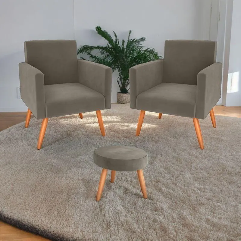 Conjunto De Poltronas E Puff Sala Veludo Espuma D20 Cappuccino Marrom 2 Poltronas E 1 Puff
