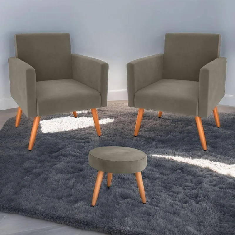 Jogo de Poltronas e Puff Milan Veludo Conforto Cappuccino Matrix 64CM 110kg