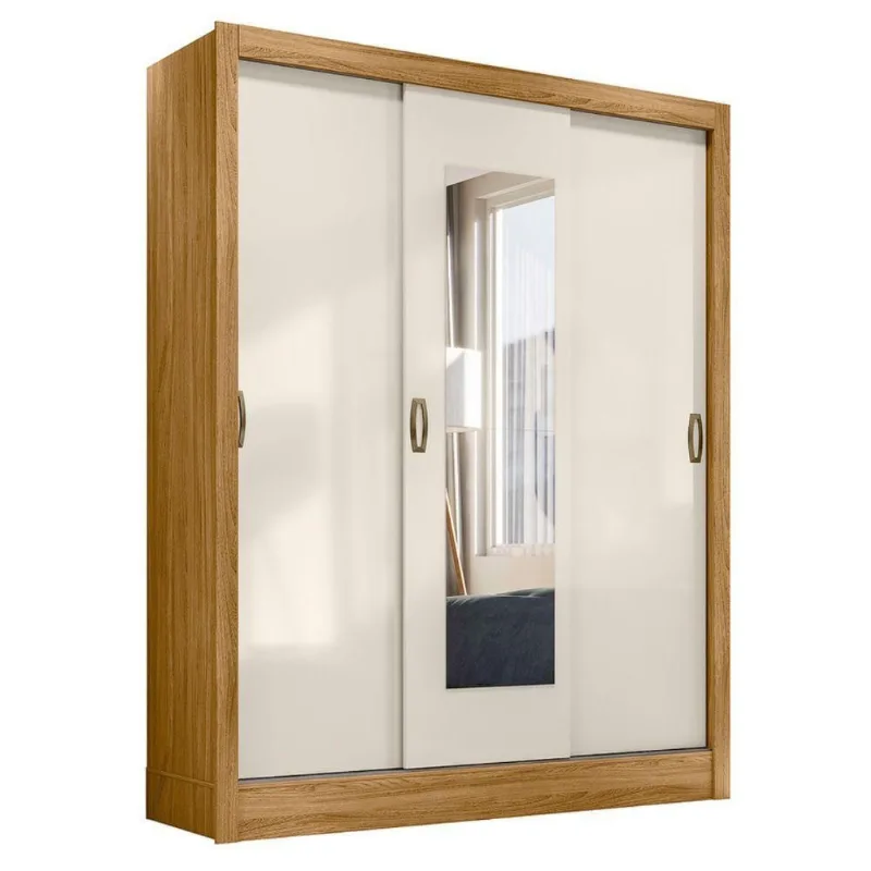 Guarda Roupa Casal Gran Aurora 3 Portas de Correr 2 Gavetas MDP Freijó-Off White Moval Móveis