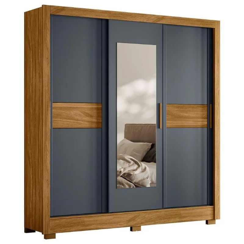 Guarda Roupa Casal Design 3 Portas Correr 2 Gavetas MDP Freijó-Cinza Moval Móveis