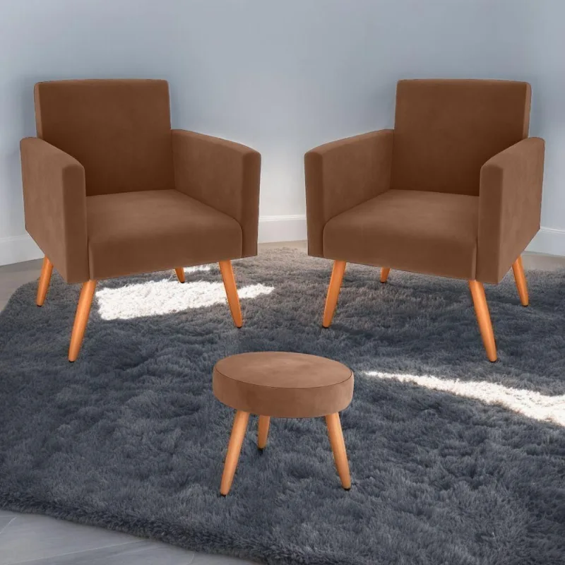 Jogo de Poltronas e Puff Bruma Veludo Ferrugem Matrix