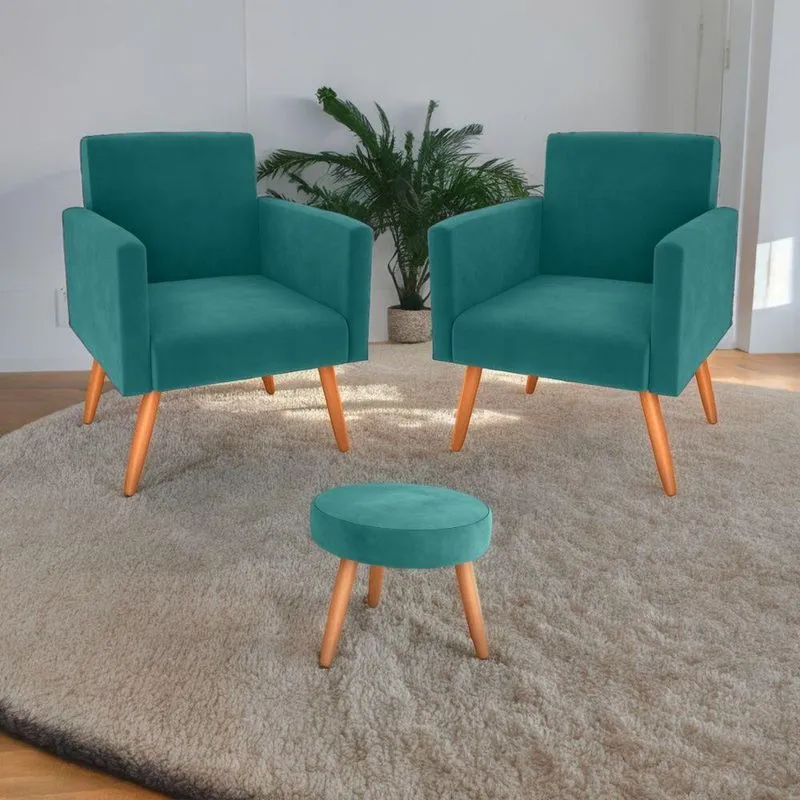 Jogo De Poltronas E Puff Renoir Veludo Espuma D20 Apoio Para Os Braços Verde Menta 2 Poltronas E 1