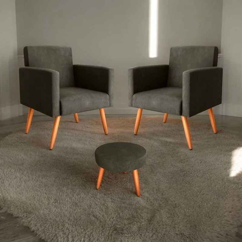 Jogo De Poltronas E Puff Conjunto De Sala Veludo Turkey Espuma D20 Assento Apoio Para Pés Marrom