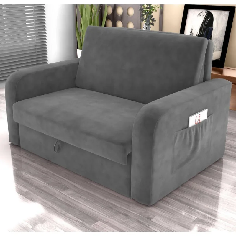 Sofá Cama Mabel 2 Lugares 140CM Cinza Veludo com Baú Matrix