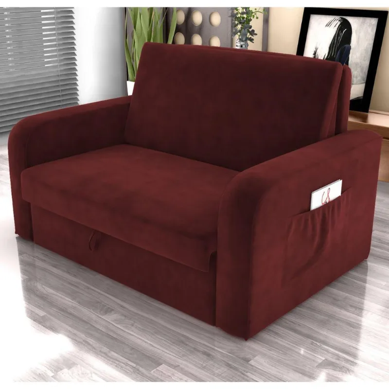 Sofá Cama Vértice 2 Lugares 140CM Vinho Veludo com Baú Matrix