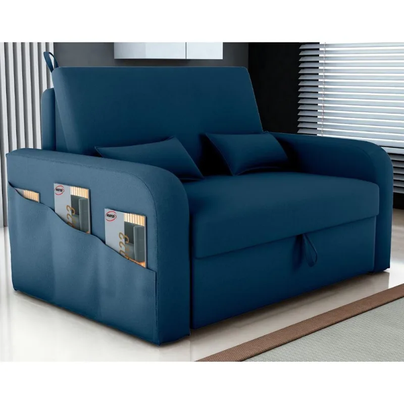 Sofá Cama Aurora 2 Lugares 140CM Azul Veludo Baú Abertura Frontal Matrix