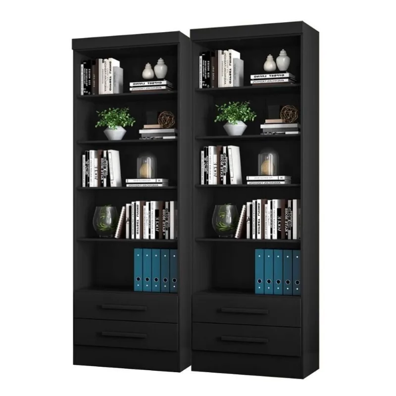 Livreiro Kit 02 Lakewood 5 Prateleiras 5 Nichos MDP Preto Fosco Qmovi