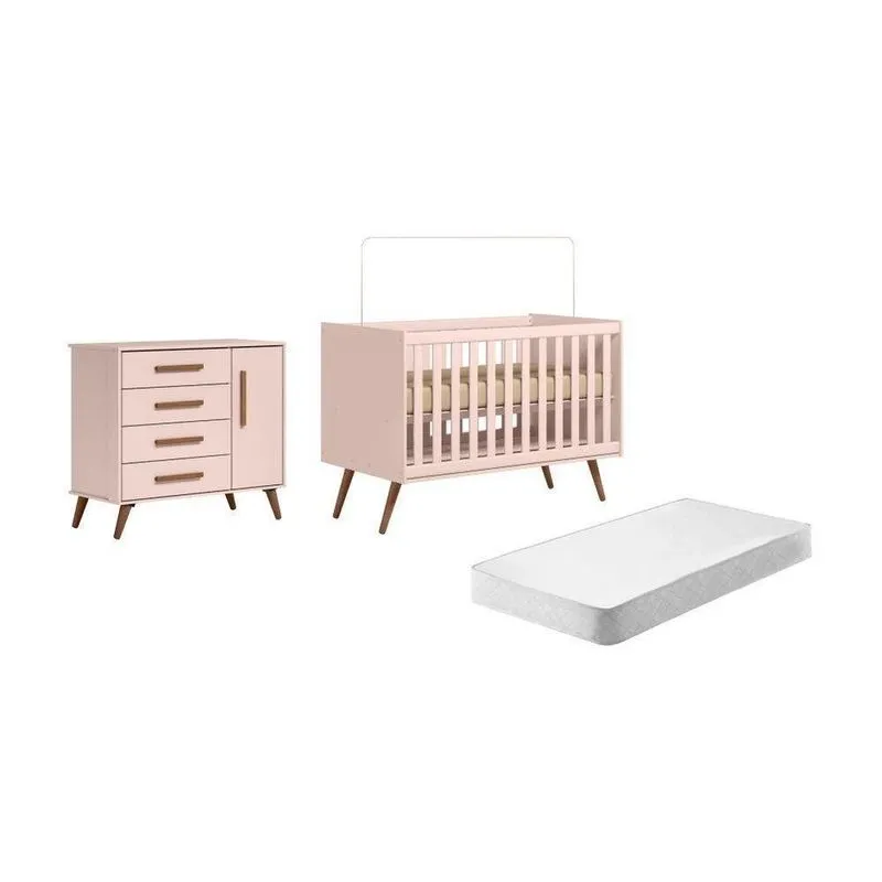 Berço Americano Infantil Monet Mini Cama com Colchão Retro Rosa MDP Qmovi