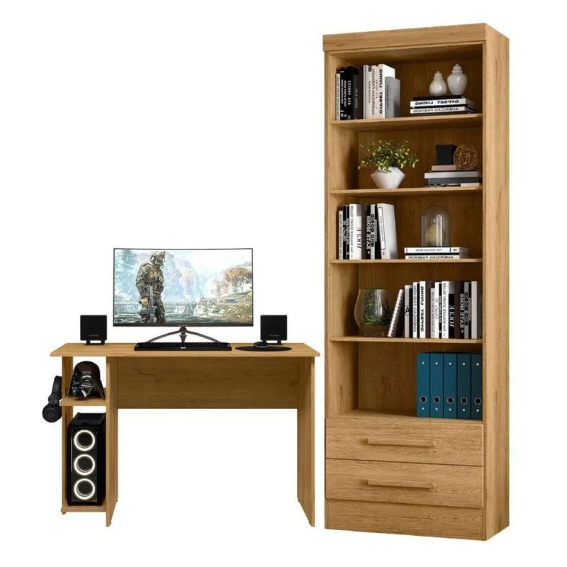 Conjunto De Mesa Com Livreiro Sigma Gamer 2 Gavetas Freijó Marrom Qmovi