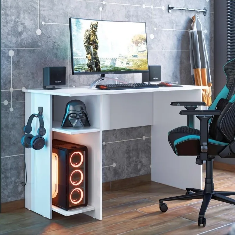 Mesa Gamer Retangular Mesa Gamer com Suporte de Fone Zalie Moderno sem Gavetas 114CM Branco Qmovi