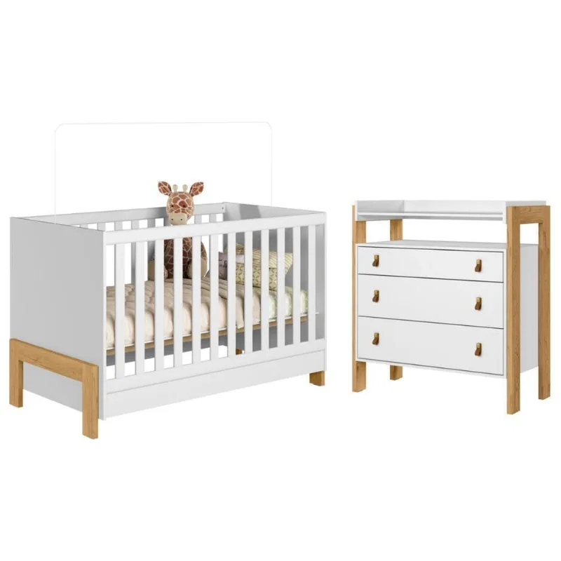 Berço e Cômoda Gaveteiro Monte da Serra Mini Cama 3 Gavetas MDP Branco Acetinado Qmovi